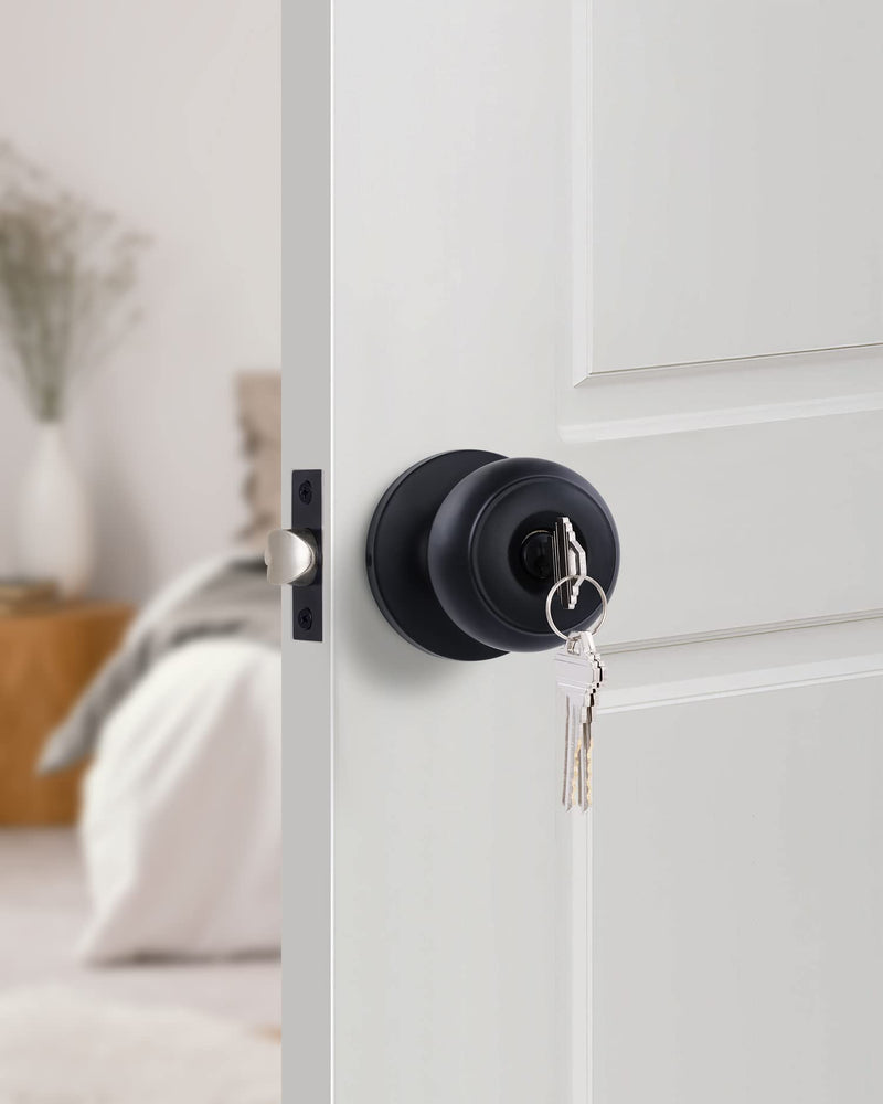 (3 Pack Matte Black Door Knobs Interior Keyed Difference Entry Front Bedroom Doorknobs with Lock Flat Ball Handle Lock Sets 3 Matte Black keyed Difference