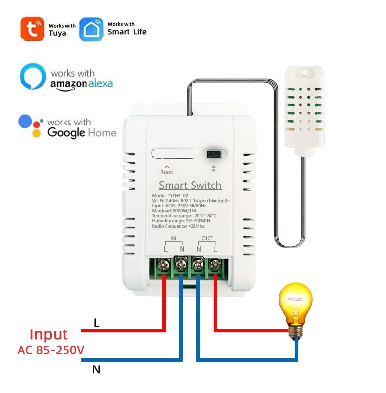 WiFi Wireless Temperature Controller,Include Temperature Probe Sensor ,Tuya app Remote 16A Smart Switch with Energy Consumption Monitoring,Work with Alexa Google (Temperature and Humidity) Temperature and Humidity