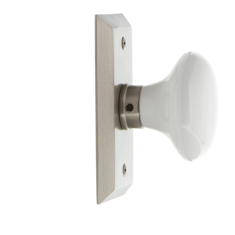 Nostalgic Warehouse Studio Plate & White Porcelain Door Knob Privacy-2.375 in Satin Nickel
