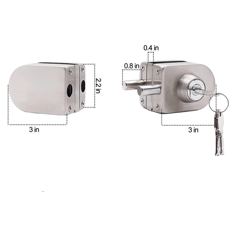 Fits on 1/2" Glass,10 mm -12 mm, Glass Door Lock, Stainless Steel Double Bolts Swing Push Sliding Access Control Office Glass Door Lock with 4 Keys (103-A) 103-A