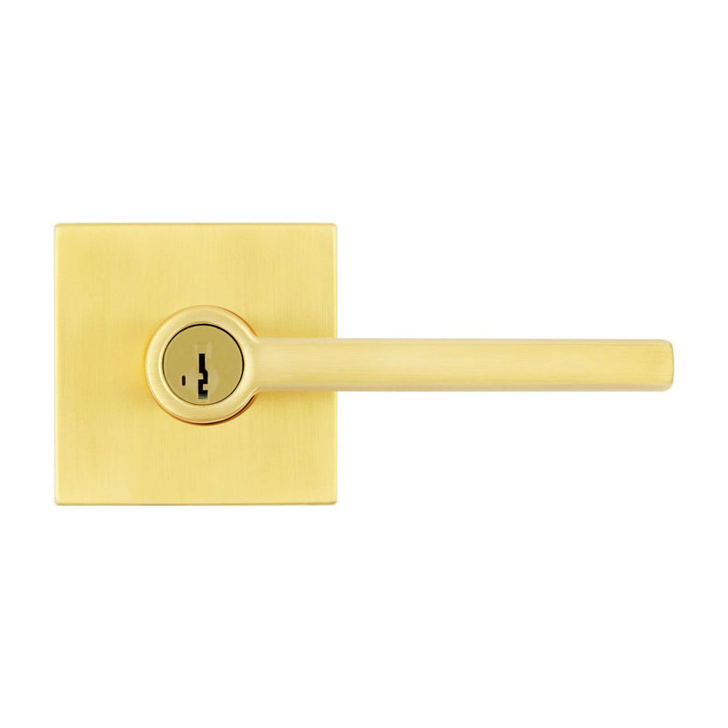 Kwikset Halifax Entry Door Handle with Lock and Key, Secure Keyed Reversible Lever Exterior, For Front Entrance and Bedrooms, Satin Brass, Pick Resistant Smartkey Rekey Security and Microban Keyed Entry