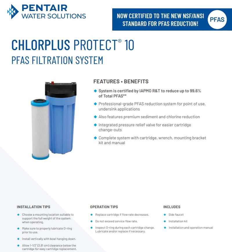 Pentair Pentek ChlorPlus Protect 10 Carbon Block Water Filter 10" Protect Pack of 1
