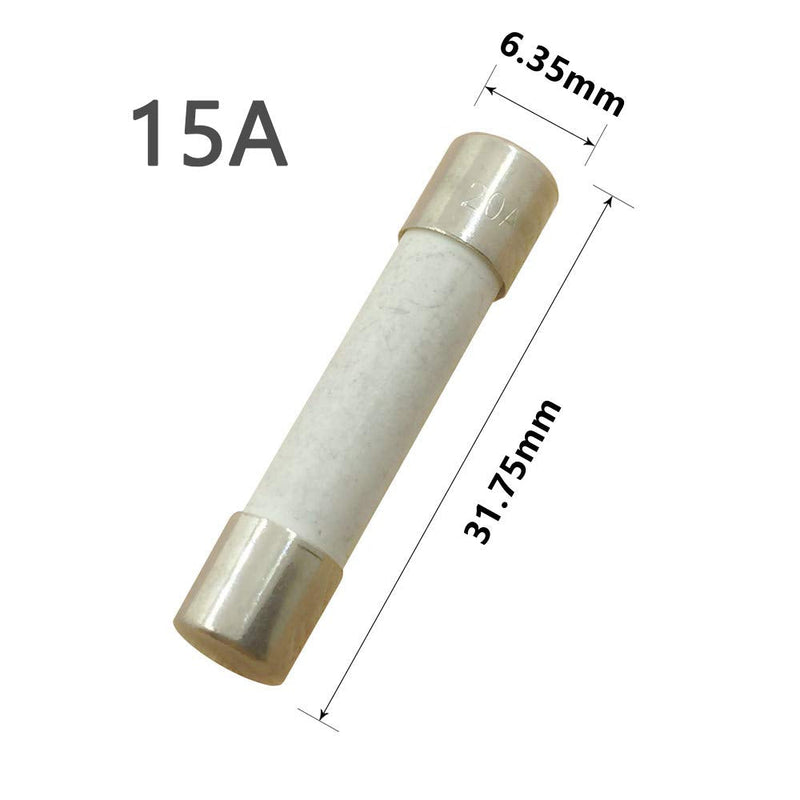 15 Amp Slow-Blow Time Delay Fuse Ceramic 6.35x31.75mm(1/4" x 1-1/4") (Pack of 10) 15 Amp