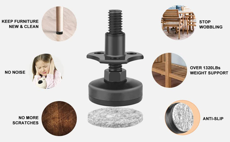 Anwenk Adjustable Leveling Feet Furniture Levelers Table Feet Heavy Duty Leg Levelers for Cabinets Sofa Tables Chairs,Support 1320LBs, T-Nut Kit 3/8”-16 Thread, Large Base- 4 Pack, Black 4pack Leveling Feet - NewNest Australia