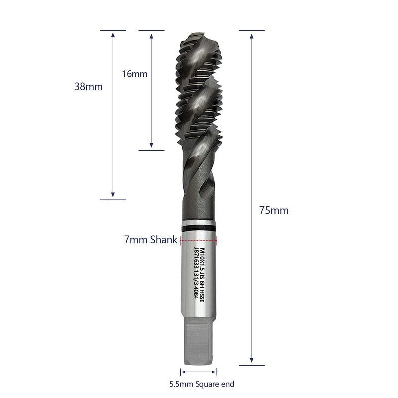 Tools M10 x 1.5 AlTiN Coating Spiral Flute Thread Tap, Metric Machine Threading Tap High Speed Steel Cobalt(HSSCo), Round Shank with Square End, H2 Tolerance, 2pcs M10x1.5mm JIS SFT 2pcs