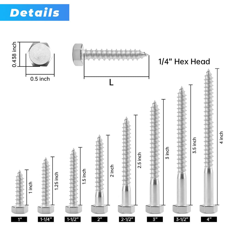 Glvaner (20 pcs) 1/4" x 3" Stainless Steel Hex Head Lag Bolts, Hexagonal Head Lag Screws, 304 Stainless Steel 18-8, Secure Hold for Wood 1/4 x 3" 20