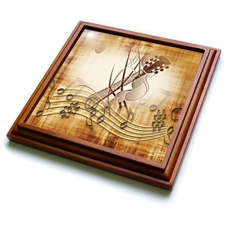 3dRose Brown Grunge Music Note Background with Electric Guitar Art Trivet with Ceramic Tile, 8" by 8", Brown
