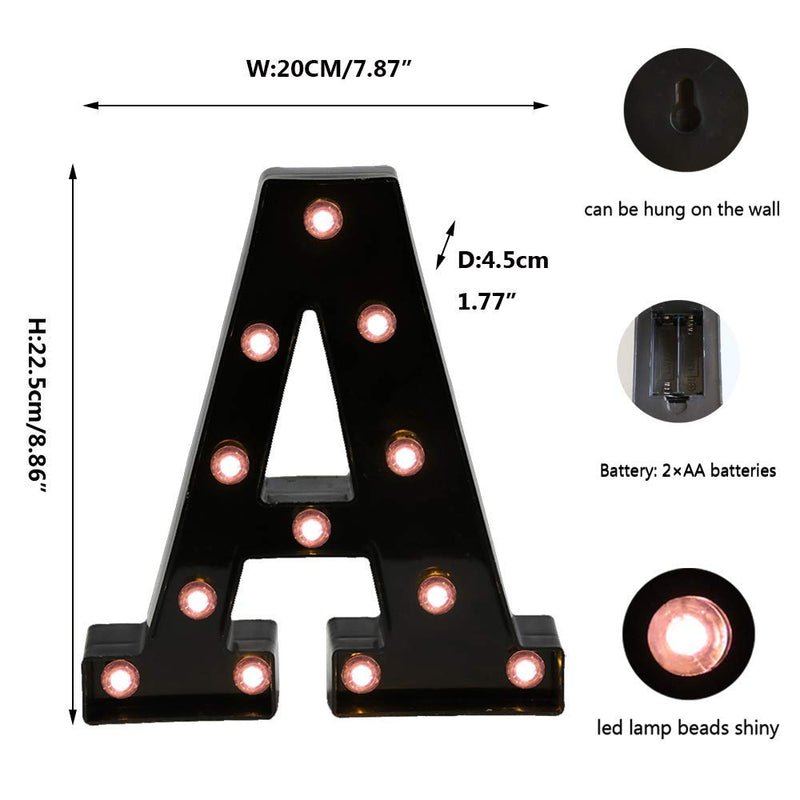 Light Up Black Alphabet Marquee Letters Sign LED Marquee Number Lights Sign for Night Light Home Bar Christmas Lamp Birthday Party Wedding Decoration A Style Letter A