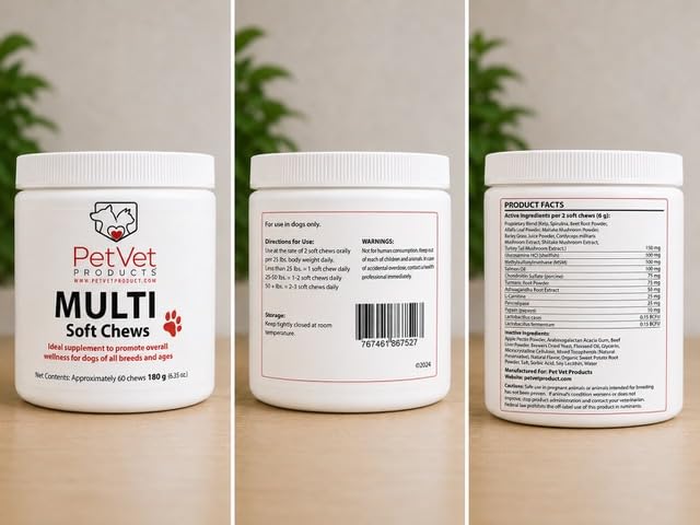 Pet Vet Multi Soft Chews for Dogs (Beef Liver, 60 Chews) – Multi, Probiotics for Digestive Health – Glucosamine, Skin Supplement – Immune Support, Supplements
