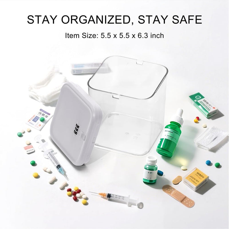 Clear Medicine Lock Box with code, Small Food Snack Phone medication Lock Boxes for Personal Items Combination Electronics Organizer,Phone Jail,Gaming Device Lockable Boxes White Lid + Clear Base