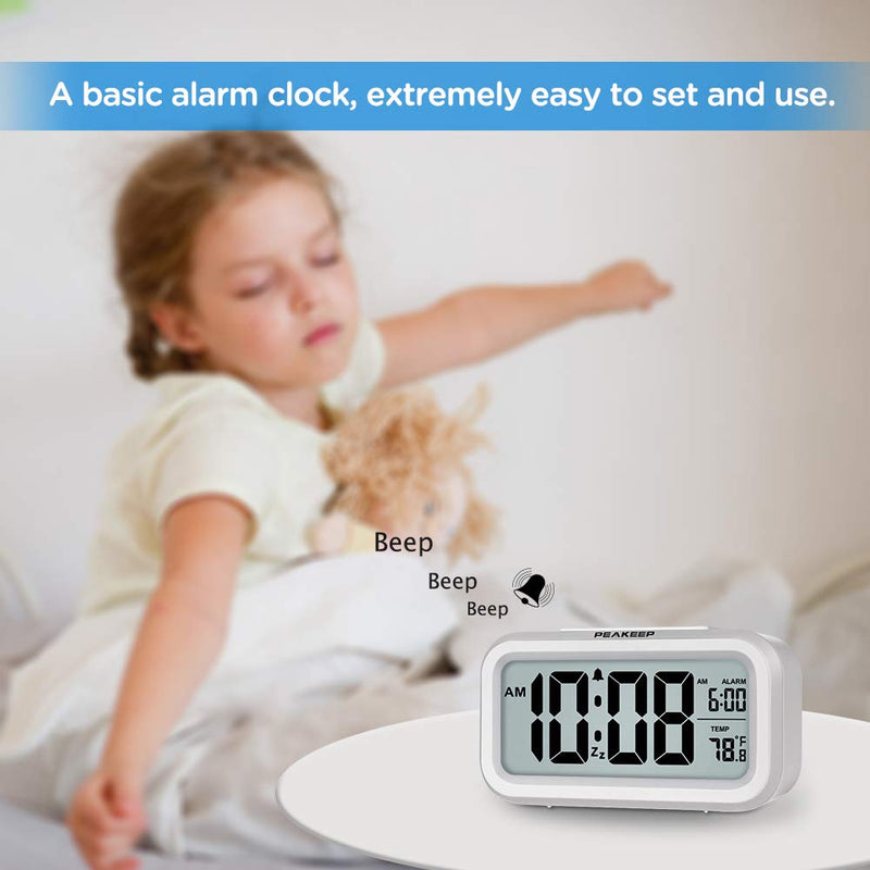 Peakeep Night Light Digital Alarm Clock Battery Operated with Indoor Temperature, Desk Small Clock (White) White