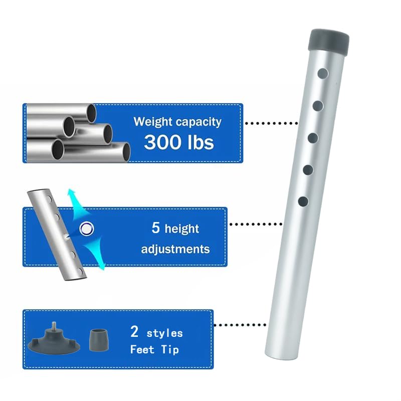 Universal Foot Tube and Suction Cup Tips for Toilet Safety Rail, Shower Chair, and Bath Bench - 5 Adjustable Heights, Replacement Suction Cup Tips and Aluminum Tubes, Easy Install, 2 Pack