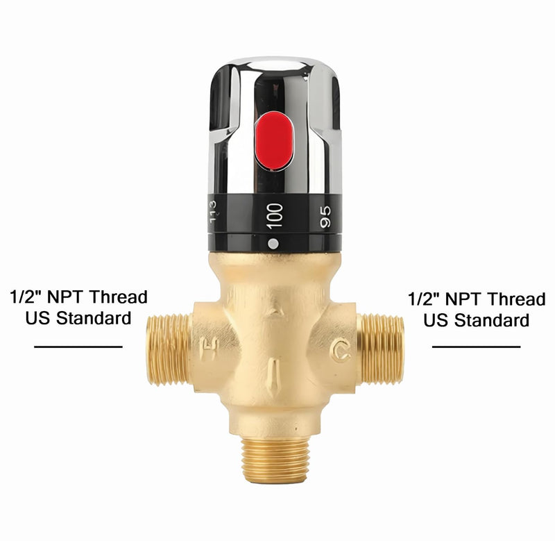 TreMax Thermostatic Mixing Valve, Shower Mixing Valve with NPT Thread US Standard, Temperature Constant Control Valve, Fahrenheit Scale Mark, Solid Brass- Golden