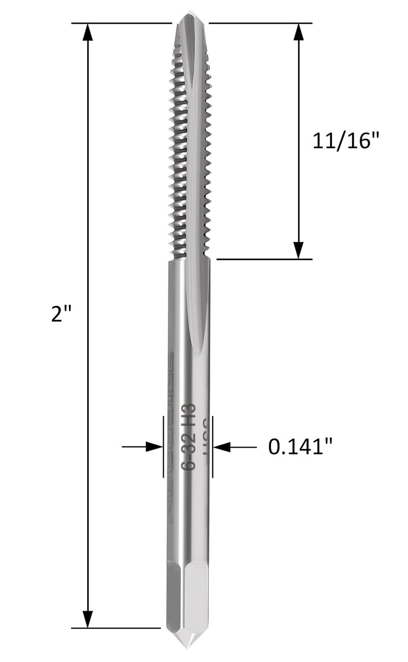 Accusize Industrial Tools 10 Pc 6-32Nc, 2 Flute, H.S.S. Spiral Point Taps, A.N.S.I. Standard, Ground, Spt-6-32x10 | ANSI Ground Plug Tap, Right-Hand Cut, Bright Finish, 2 in OAL, 11/16 in Thread Length, SPT-6-32x10