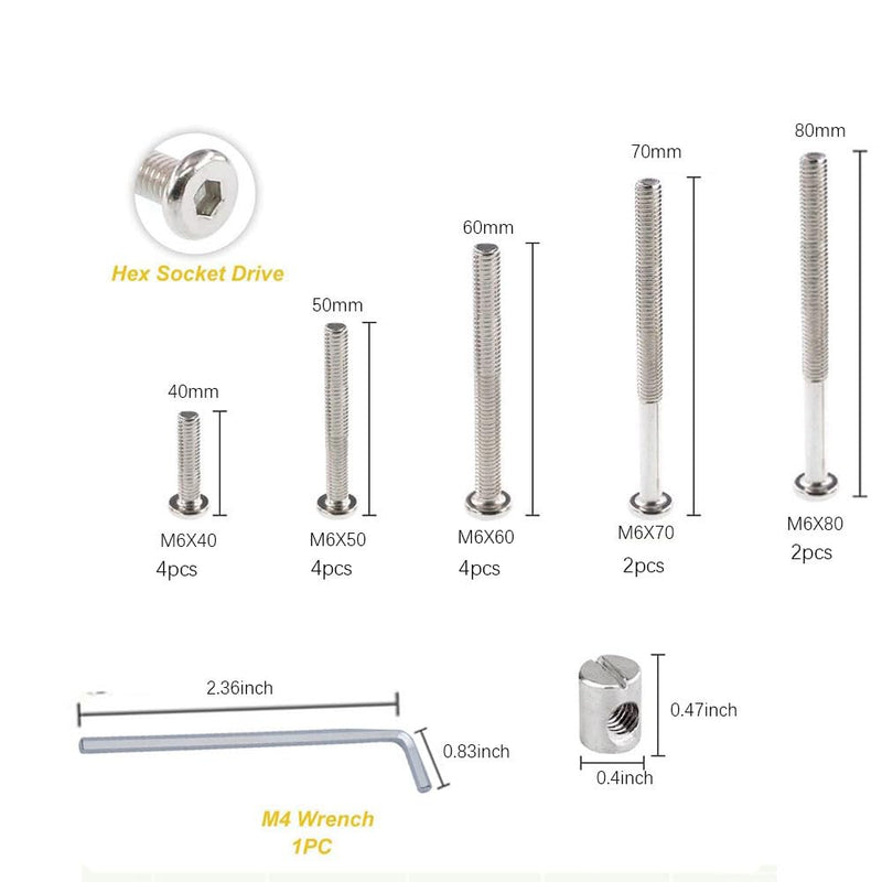 Baby Bed Crib Screws Hardware Replacement Kit- Hex Drive Socket Cap Screws Barrel Nuts Assortment Kit for Beds Headboards Chairs Furniture. 32PCS