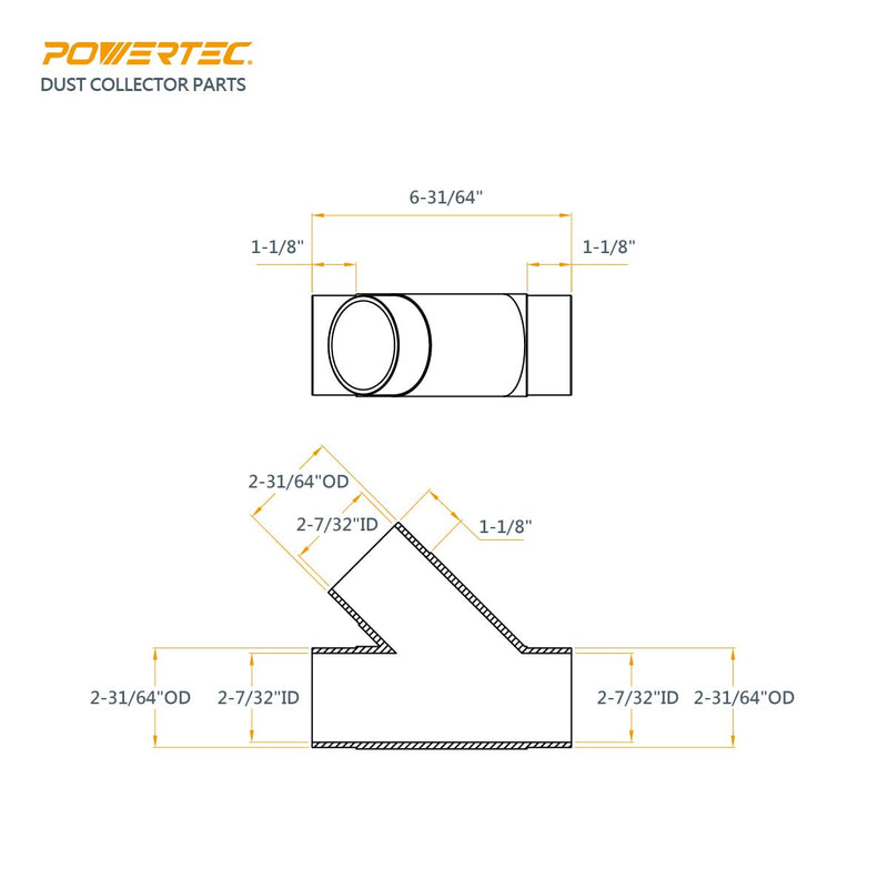 POWERTEC 2-1/2 Inch Clear Y Fitting for 2-1/2 Inch Dust Collection Hose, 2 1/2 Inch Dust Collection Hose Connector Fittings for Dust Collection System, 1 pack (70228) Y Fitting Hose Connector