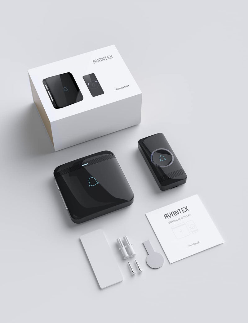 AVANTEK Wireless Doorbell, D-3G Waterproof Chime Kit Operating at Over 1300 Feet with 52 Melodies, 5 Volume Levels & LED Flash Black
