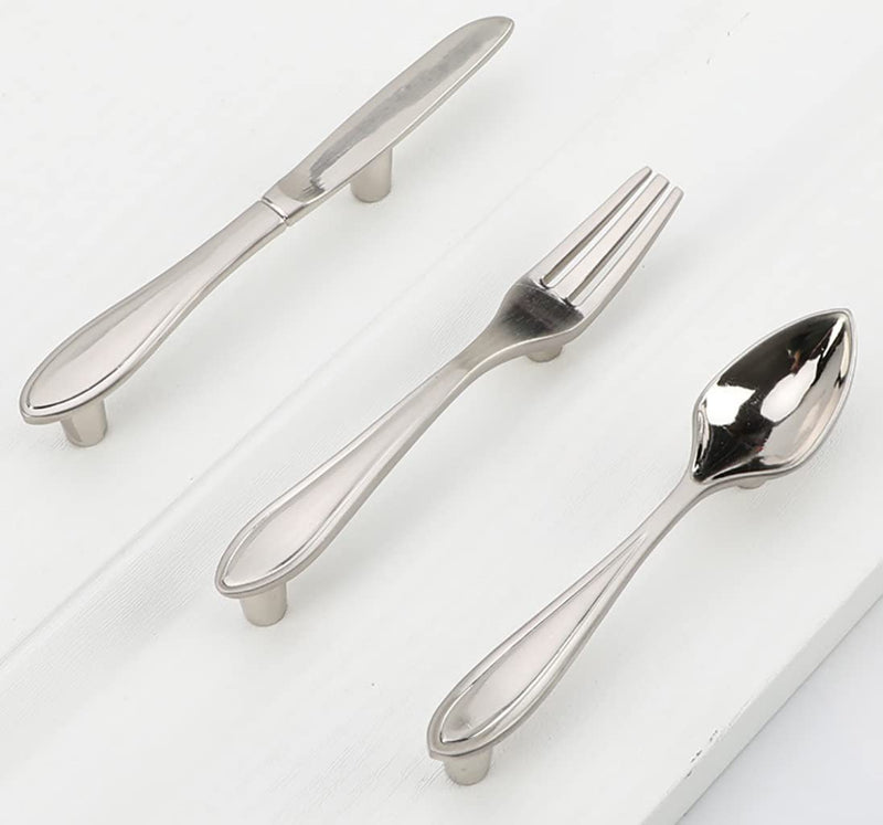 12Pcs Funny Cutlery Tableware Cabinet Pulls,Creative Spoon Fork Knife Shape 3" Hole Center Vintage Kitchen Cupboard Pulls Handles,Cute and Fun (Fork, Silver, 12Pcs)