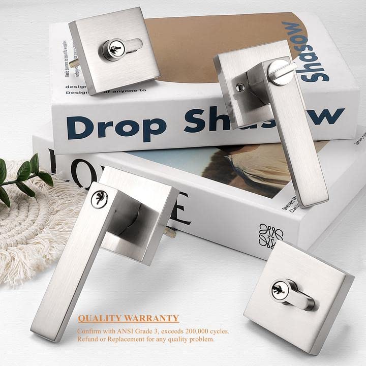 Probrico Square Entrance Lever with Double Cylinder Deadbolt Set Keyed Alike Combo Pack(for Office and Front Door), Heavy Duty Satin Nickel Entry Door Lockset for Right and Left Side, 1 Pack Brushed Nickel