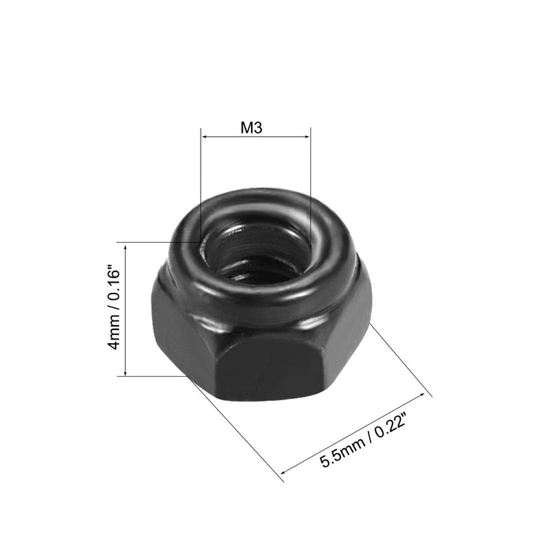uxcell Hex Lock Nuts - M3 x 0.5mm Carbon Steel Nylon Insert Self-Locking Nuts for Fasteners, 50Pcs Black