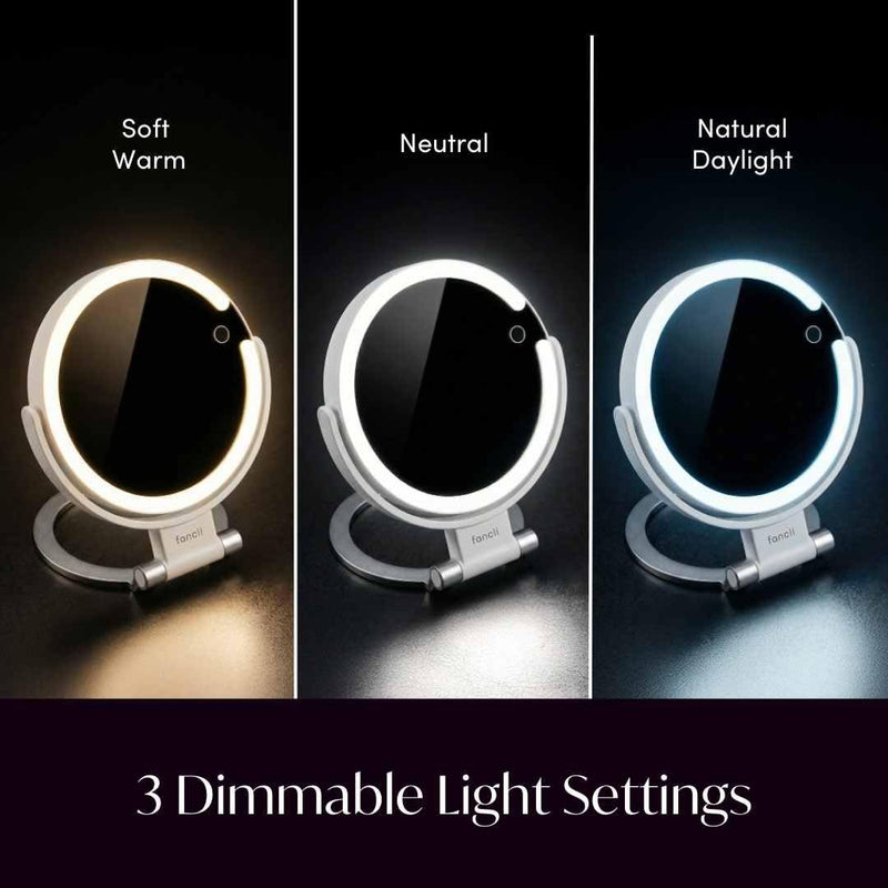 Fancii Travel Magnifying Mirror 10x /1x with Lights, Rechargeable | 9-Inch Extra Large LED Lighted Makeup Mirror, Folding Double Sided Portable Vanity Mirror, 3 Light Settings, Touch Sensor (Sadie)