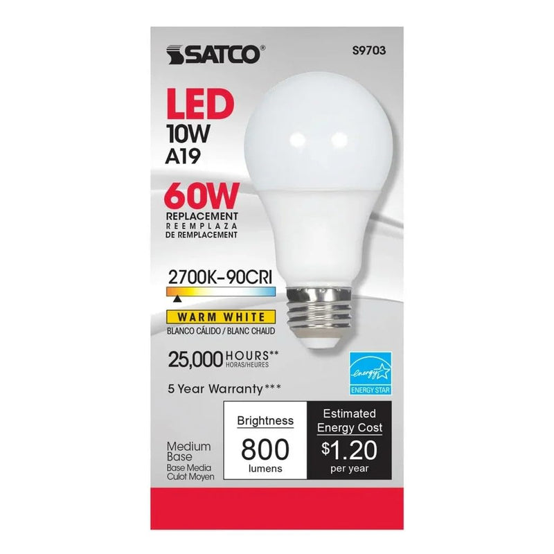 Satco S9703 10W A19 LED Light Bulb, 2700K Warm White, 800 Lumens, 90+ CRI, Frosted, 220° Beam Spread, Medium E26 Base, Dimmable, 120V, 25,000 Hr, Enclosed Fixture Rated, Energy Saving (6 Pack)