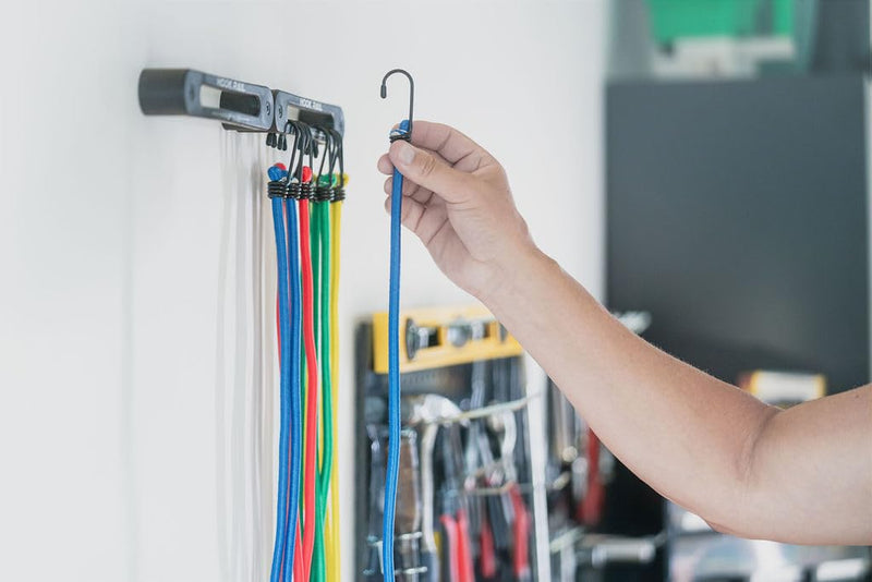 Hook Rail - 2/pk - Organize Your Tie-Down Straps (Ratchet, Cam buckle, Bungee Cords, and more) A low-profile wall-mounted cargo strap management solution for your enclosed trailer, garage, or home.