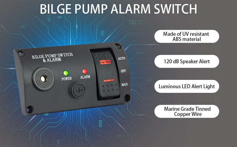 Bilge Pumps Switch for Boats,with LED Indicator Alarm,3-Way Auto-Off-Manual Switch w/Spring From Manual Position, Black ABS Panel,12V DC