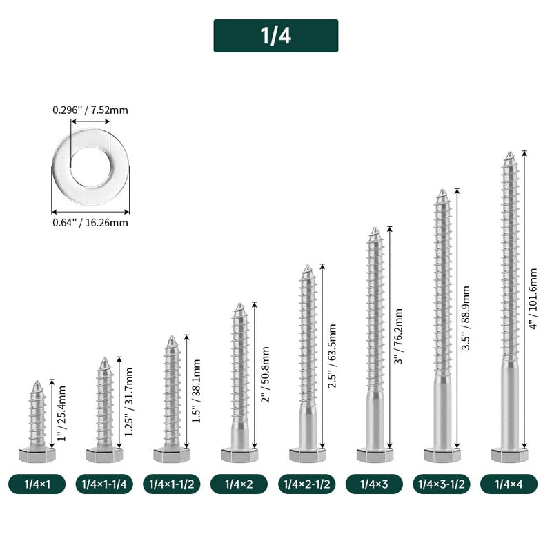1/4 x 3 Hex Head Lag Screws Bolts with Flat Washers (10 Sets), 304 Stainless Steel 18/8, Partial Thread, Deck Screws, Heavy Duty Hex Head Wood Lag Screws, Fayeploo 1/4 x 3"