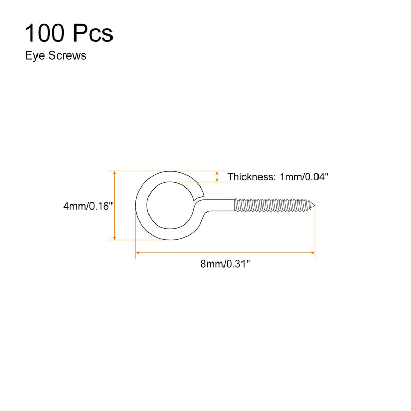 uxcell 100Pcs Eye Screws, 304 Stainless Steel 8x4mm Small Self Tapping Screw Hooks Ring Mini Eye Pins for DIY Handwork Wooden Clay Pendants Cork Bottles, Silver 100