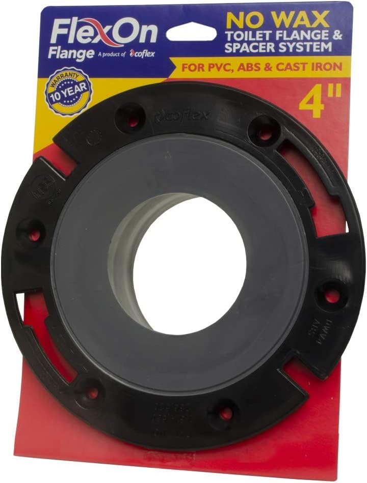 FlexOn Toilet Flange for 4" PVC, ABS, Cast Iron or Lead Pipes-Includes Spacer System to Correct Flange Elevation from 3/8"-1 1/8"