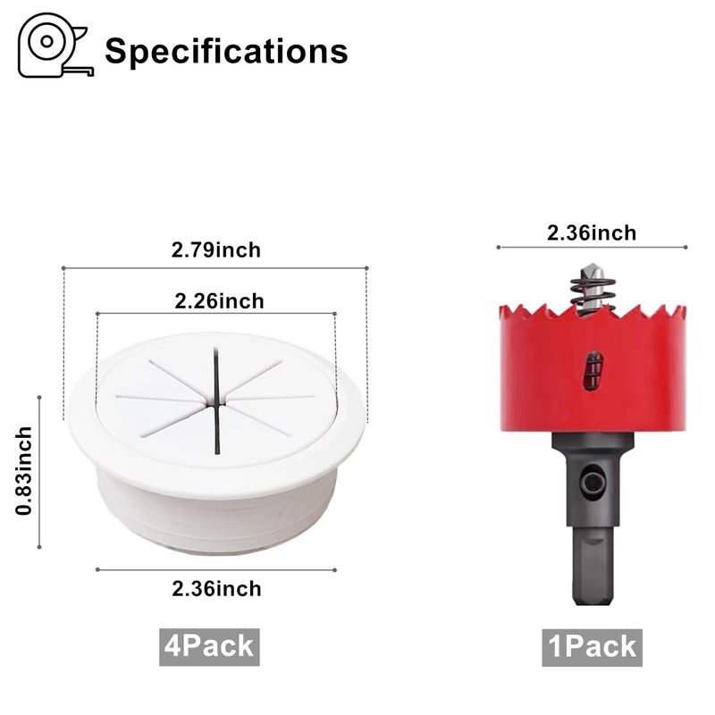 4 Pack TV Wire Hider for Wall, 2-3/8"(60mm Hole) Cord Hider in Wall Cable Management Kit, Includes 4 Pass Throughs and 1 Hole Saw Drill Attachment Easy to Install 60mm - 4 Pack