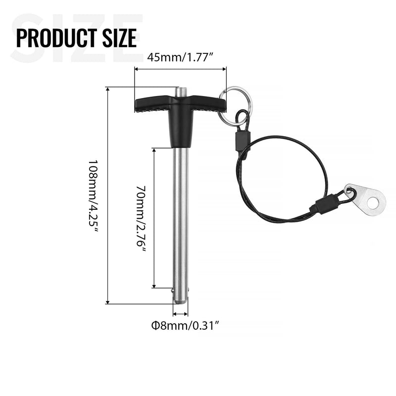 2 Pack T Handle Quick Release Pin 5/16 Inch Diameter,304 Stainless Steel Ball Locking Pin with Push Button Lanyard Usable Length 2.76"(8mm x 70mm) 8mm-70mm
