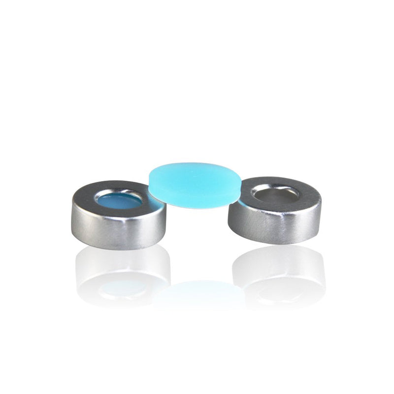 ALWSCI Aluminum Crimp Seal (10mm Hole) with 20 mm Natural PTFE/Blue Silicone Septa 3.0 mm Thick for Headspace Vial, 20 mm Closure Size, Case of 100 (UltraClean)