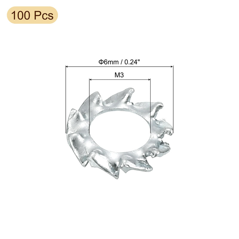 uxcell 100Pcs External Tooth Washers, M3 Steel Zinc Finish External Serrated Washer for Mechanical Equipment Fasteners, Silver 100