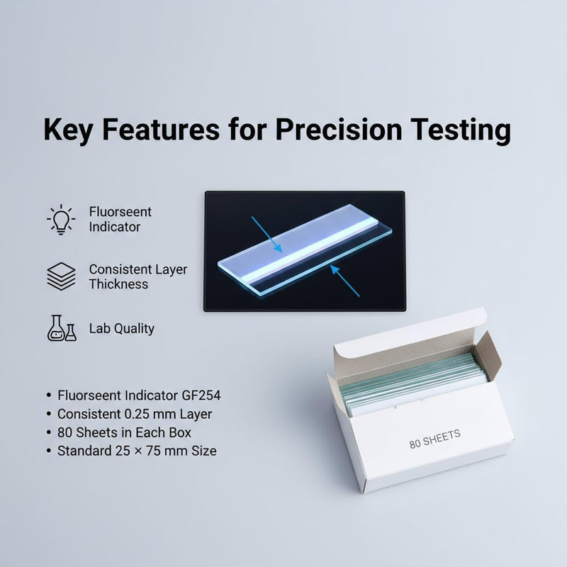 TLC Silica Gel Plates GF254, 25x75mm, 80 TLC Sheets per Box, Thin Layer Chromatography Sheets with Fluorescent Indicator for Laboratory Analysis
