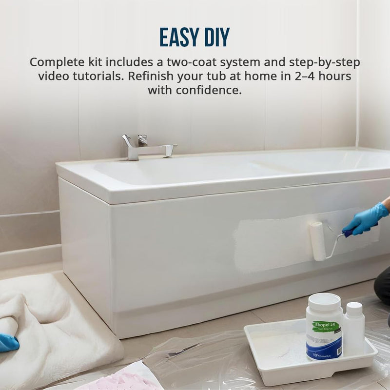 Ekopel Tub Cast Roll On Non Slip – Primer + Top Coat Included – DIY Tub & Tile Reglazing Kit – Bright White Gloss Finish – Longest Lasting PRO/DIY Reglazing Bathtub Paint - Odorless Low VOC Tub Paint Kit – Made in USA (Roll On Non Slip)