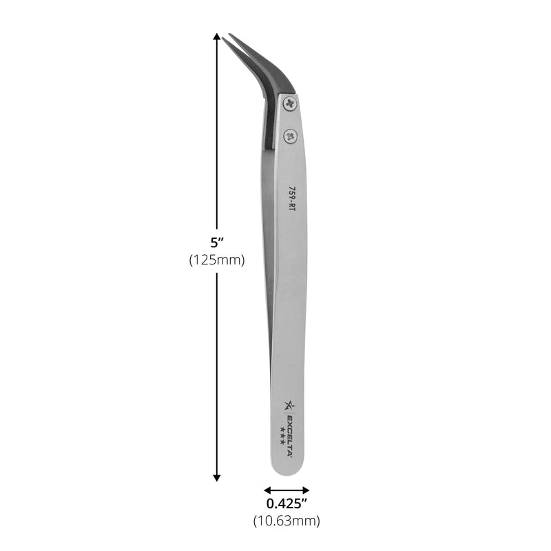 Excelta 759-RT Curved Carbofib ESD Safe Soft Replaceable Tip Tweezer, Carbon Fiber Tips, 5 Inch Overall Length, Surface Resistivity 10² ohms/sq, Professional