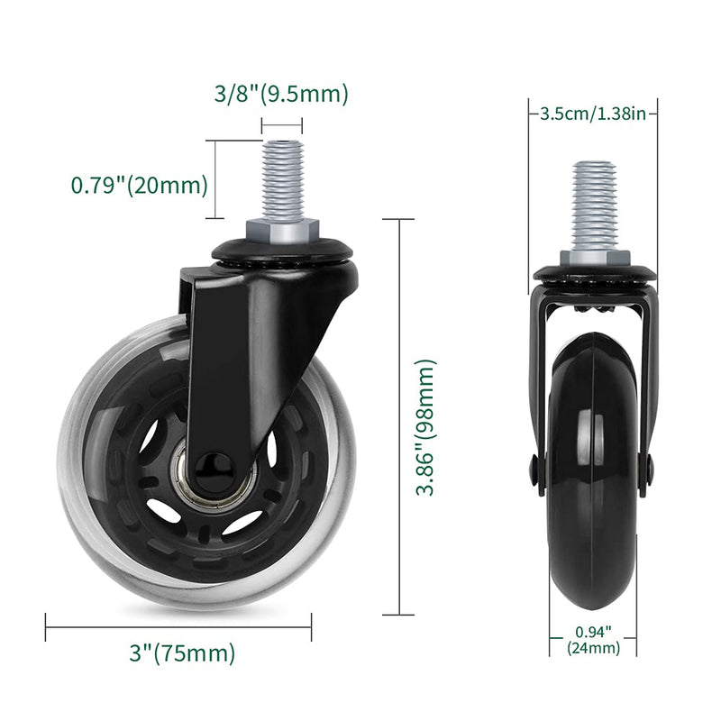 3" Thread Screw in Office Chair Caster Wheels, 3/8"-16x1(Not Metric M10), Safe for All Floors, PU Rubber Furniture,Carts Stem Caster Wheels,No Scratch,650Lbs Weight Capacity 3/8"-16x1" Threaded Stem Flange Nuts Caster Wheel 40x20
