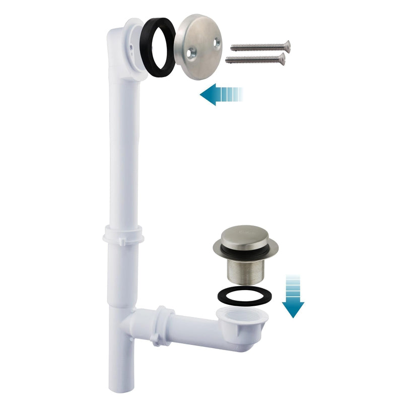 Tubular Bath Tub Drain Kit 1-1/2" with Brushed Tip-Toe Bathtub Drain Stopper, Welsan Touch-Toe Bath Plug Waste and Overflow Face Plate, PVC Plastic Pipe (Brushed Nickel)