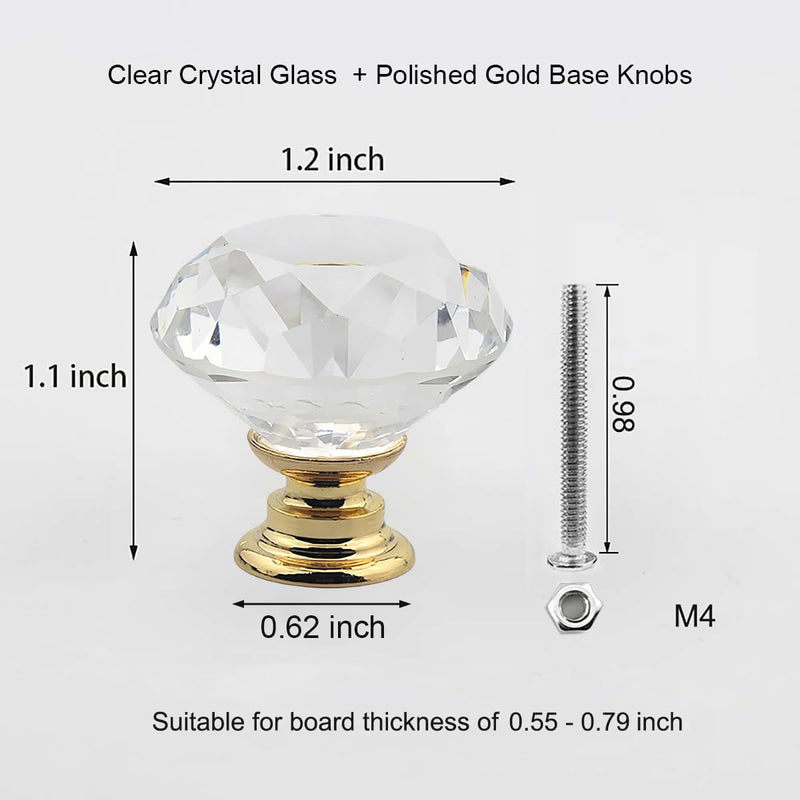 5 Pack Crystal Glass Cabinet Knobs - 30mm Clear Diamond Shape Decorative Gold Base Pulls Handles for Drawer Dresser Kitchen Cabinets Wardrobe Bathroom Vanity Desk (Gold) 5 Pack (Gold)
