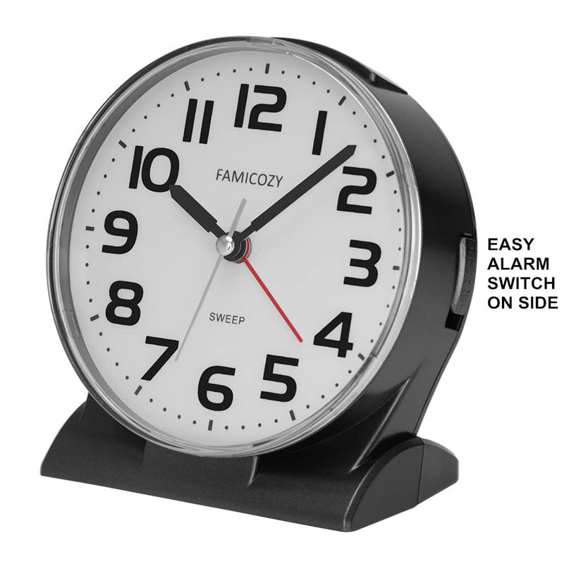 FAMICOZY 4.5" No Ticking Analog Alarm Clock,Silent Readable for Seniors,Easy to Set,Gradual Rise Alarm,Big Numbers,On/Off Switch on Side,Gentle Wake,Snooze Soft Backlight,Battery Operated,Black Black