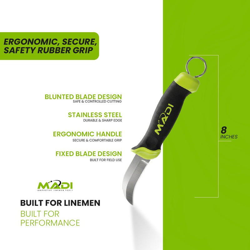 MADI Fixed Blade Skinning Knife – Blunted Utility Blade for Linemen, Electrical & Utility Work - FBSK-3B