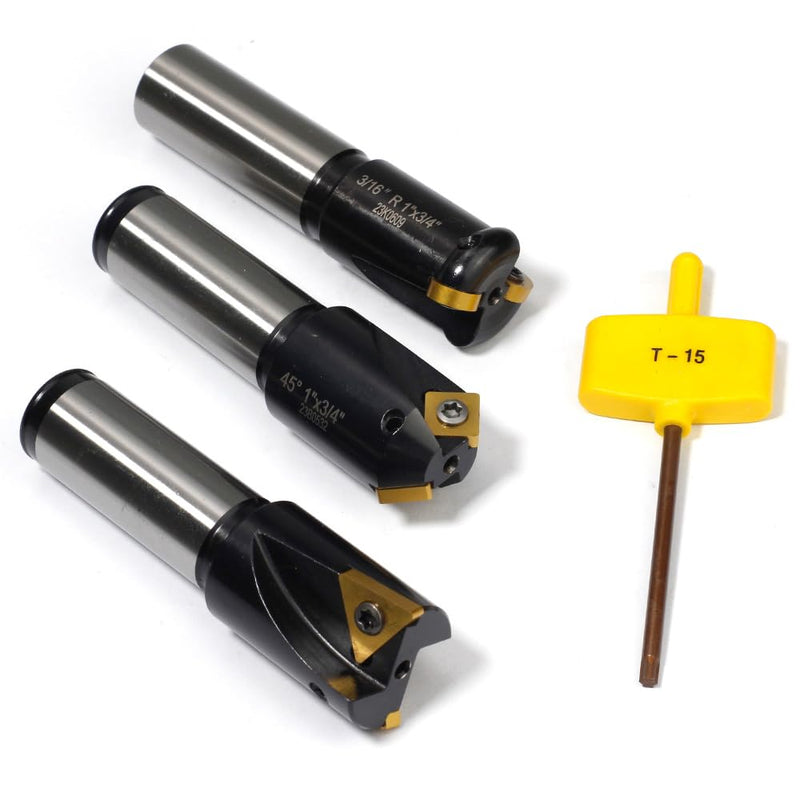 3 Pcs Little Hogger End Mill Set, 45 Degree, 90 Degree and 3/16r Mill with 3/4" Shank, 1" Head, with 3 Carbide Inserts SNHQ322, RNHQ32, TNGQ322