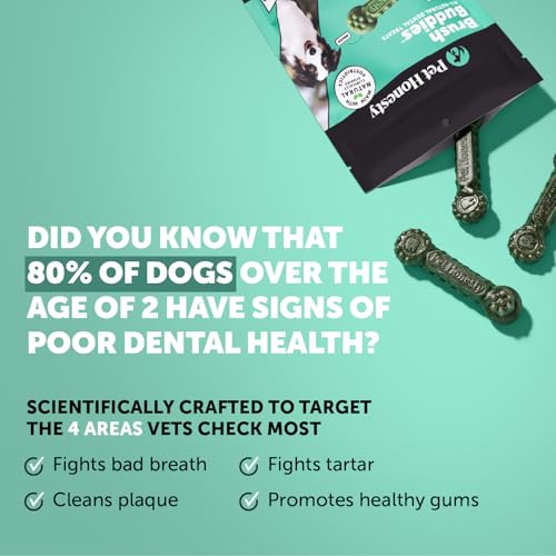 Pet Honesty Dog Dental Care Virtual Bundle – Breath Freshener Dental Powder for Large Dogs (60 Servings) + Brush Buddies Dental Sticks for Medium Dogs (15 Ct) – Teeth Cleaning, Plaque & Breath Support