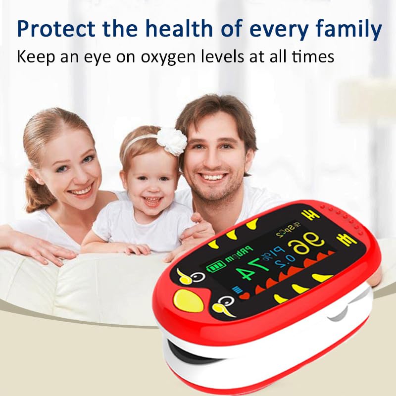 Pediatric Oximeter – Fingertip Pulse Oximeter for Kids, SpO2 Oxygen Monitor for Children, Cute Compact and Accurate, USB-C Rechargeable Mini Portable Design with TFT Display for Home and Travel-Red