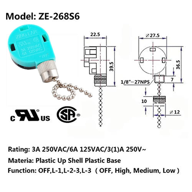 Ceiling Fan Switch 3 Speed 4 Wire Zing Ear ZE-268S6 Pull Chain Cord Switch Replacement for Ceiling Fans,Wall Lamps,Cabinet Light (Nickel Pull Chain) Nickel + Pull Chain - NewNest Australia