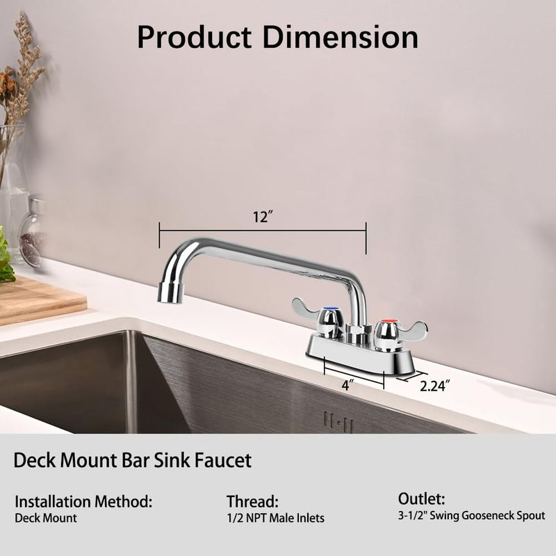 Deck Mount Bar Sink Faucet with 12" Swivel Spout, 4 Inch Center Commercial Utility Sink Faucet for Kitchen Laundry Restaurant Compartment Sink, Brass Constructed 12" Spout