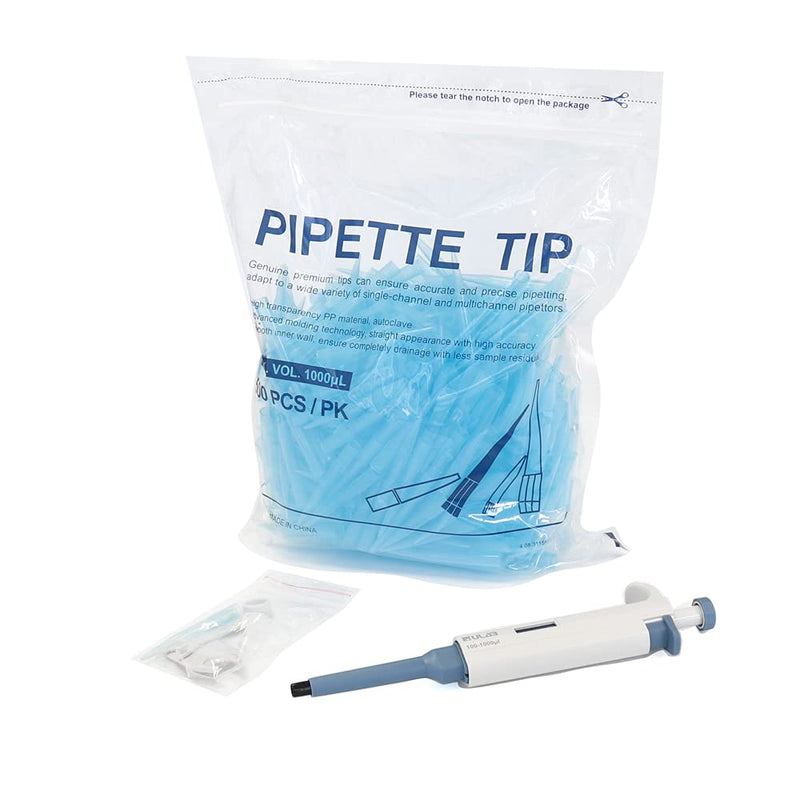 ULAB Single Channel Pipettor with Pipette Tips Offered, 1pc of Adjustable Volume Micro Pipette with Vol.Range.100-1000μl, 500pcs of Vol.1000μl Pipette Tips in Blue Color, ULH1021 100-1000μl & 500 Tips