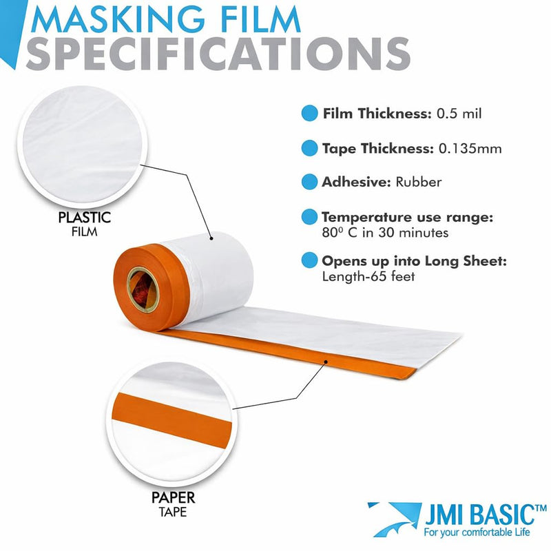 Pre Taped Masking Film Paper – 3-Rolls, Orange Tape and Drape Painters Plastic Sheeting for Painting, High Visibility Paint Plastic Covering Overspray Protection, 35/59/94 Inch x 65Ft